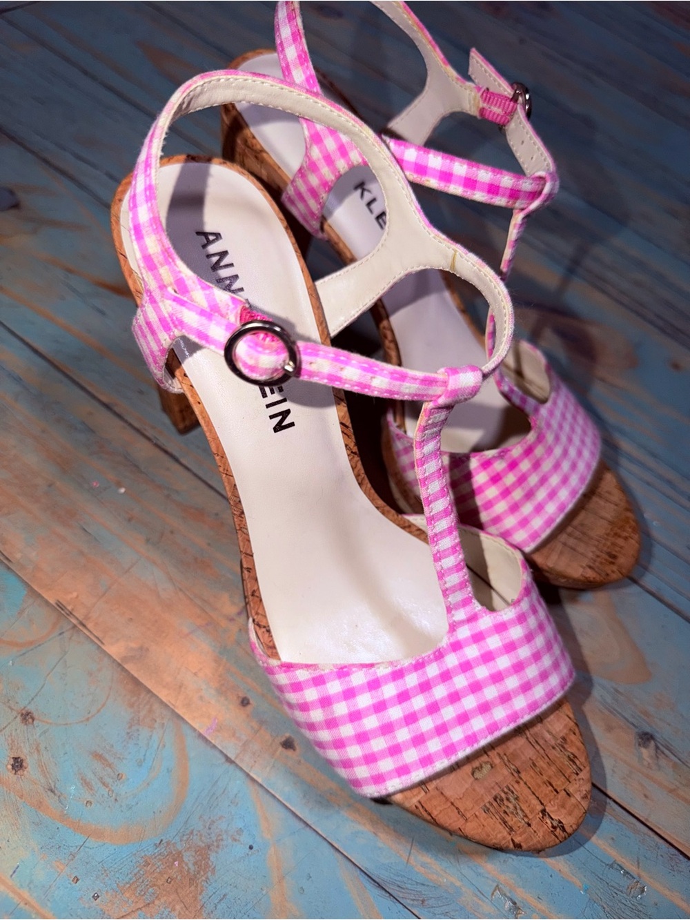 Anne Klein Pink Gingham T-Strap Cork Heel Sandals